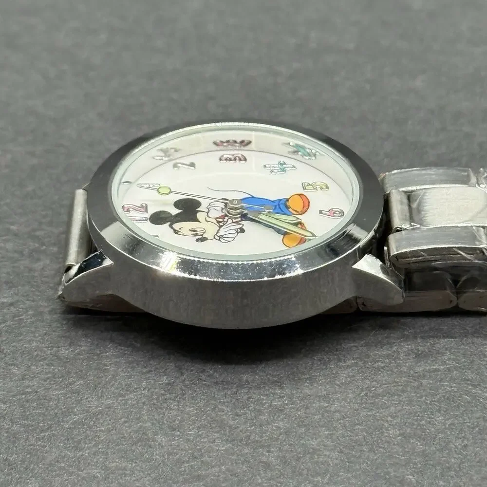 Mickey Mouse Watch Stainless Steel Link Bracelet Silver Tone White Character